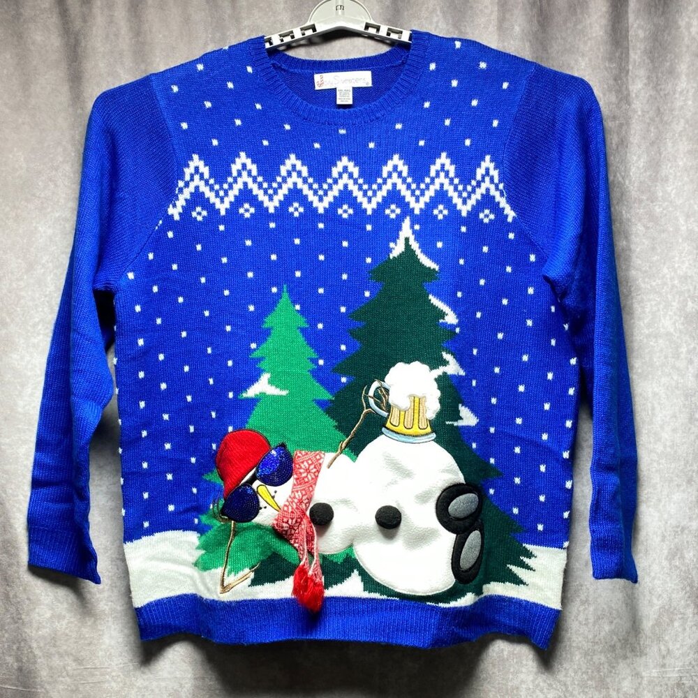 Jolly Sweaters XXL Funny Ugly Christmas Sweater Blue Snowman Beer Knit